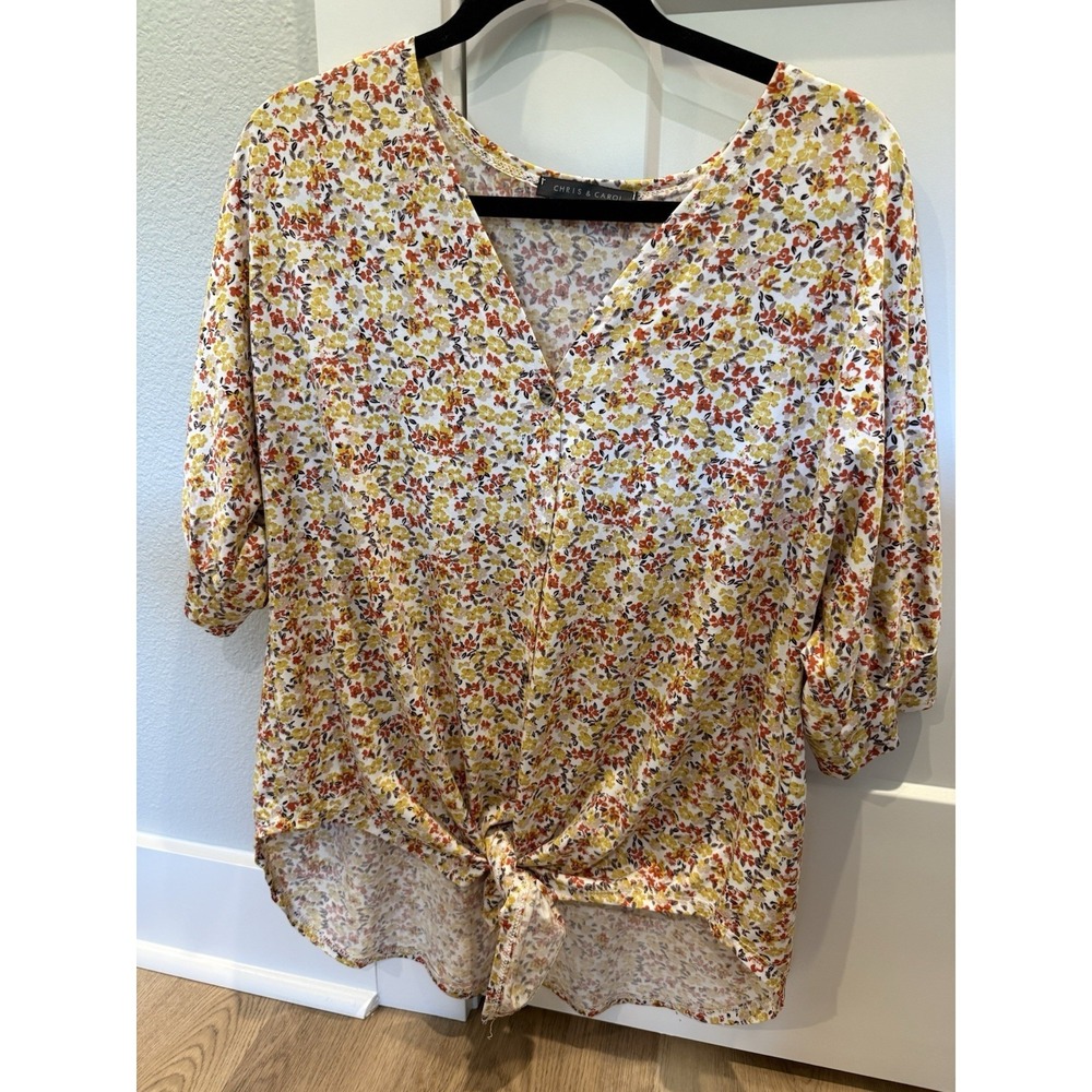 Chris & Carol Women's Floral V-Neck Button Front Tie Hem Blouse 1XL Plus